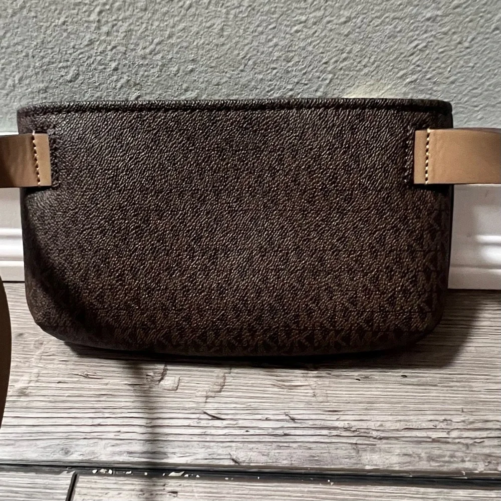 NEW Michael Kors Chocolate and Beige Belt Bag Crossbody Monogram Gold Accents